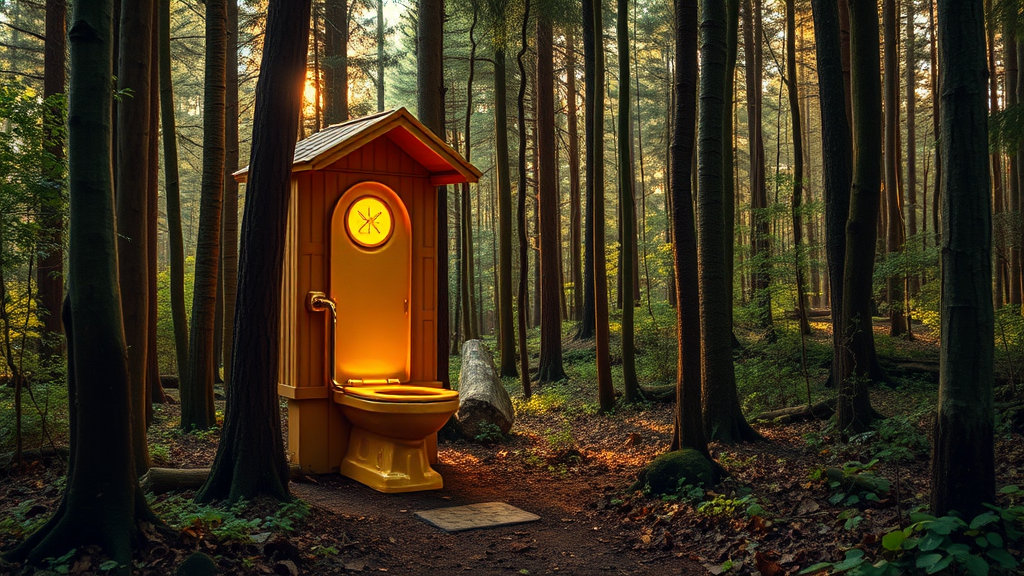 In the forest, there is a golden toilet. - Image