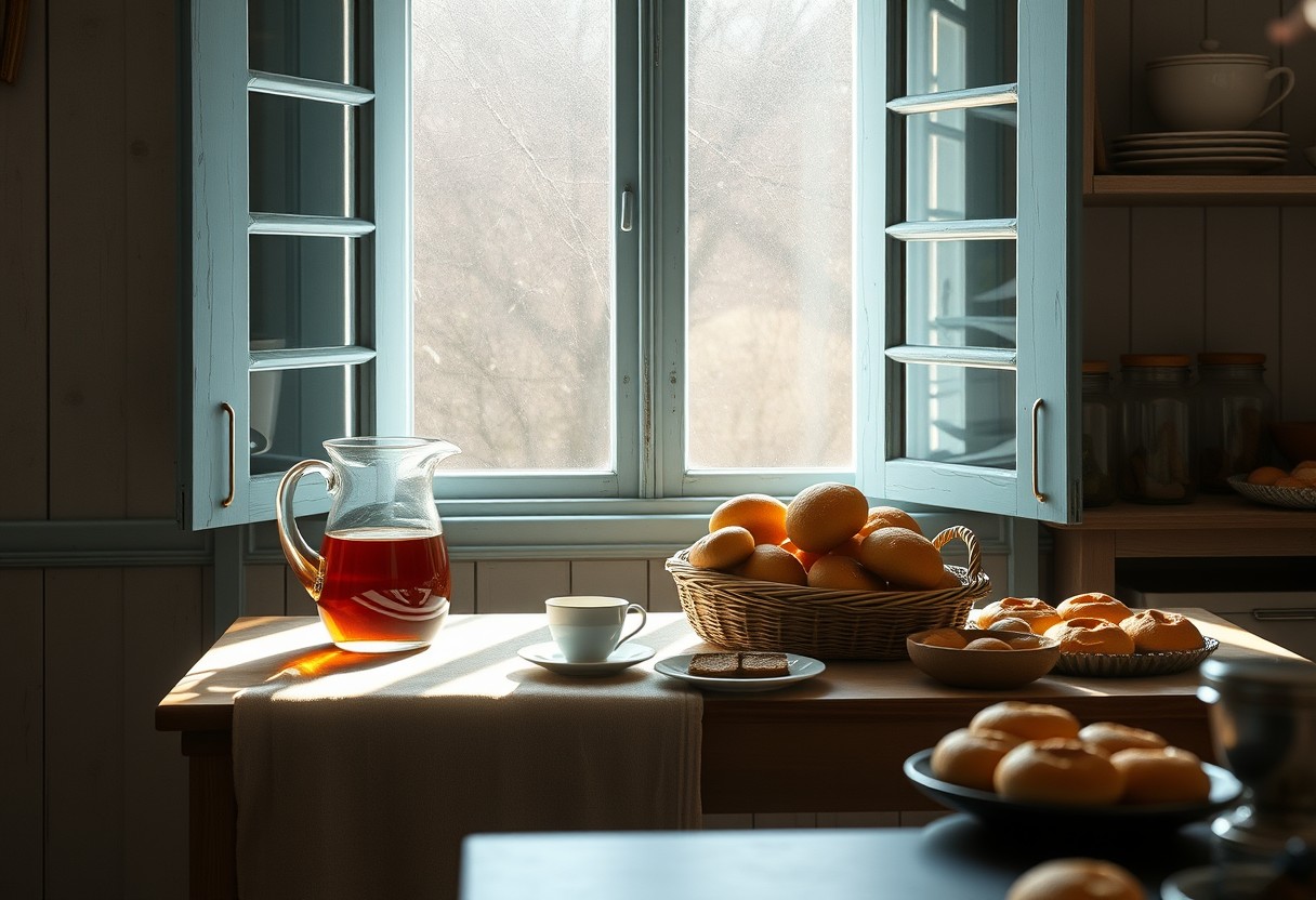 a rustic kitchen scene with a table by a window. The window has light blue wooden frames, through which sunlight streams in, illuminating the table. On the table, there is a basket filled with bread rolls, a glass pitcher with amber-colored liquid, a teacup and saucer, a small plate with pastries. A cloth is draped over the edge of the table. The background features wooden shelves holding dishes and jars, with more pastries and food items on the countertop below, detailed matte painting, intricate, volumetric lighting, clear focus, trending on Artstation, concept art, cinematic, 35mm lens, anamorphic lens flare, photographic, octane render, cinematography by Roger Deakins, 8k. - Image