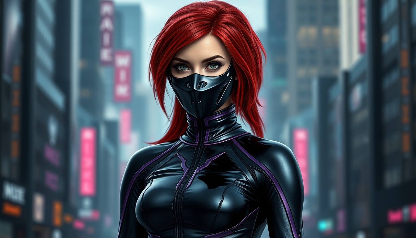 I used Flux AI Image Generator to create this image of a woman with red hair and green eyes wearing a black metallic mask. She's wearing a skintight black and purple spandex suit. The suit has a high collar and long sleeves. She's standing perfectly straight. The background is a futuristic city. I love this image; it's like something out of a fantasy movie. - Image