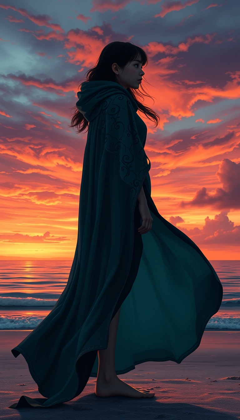 A highly detailed, photorealistic illustration of a young woman standing alone on a beach, silhouetted against a dramatic sunset sky. The woman is wearing a long, flowing teal and black cloak or cape that billows around her in the wind. Her face is obscured, with only the outline of her profile visible. The sunset colors in the background are vibrant, with shades of orange, pink, and purple reflecting off the calm ocean waters. The overall composition has a sense of mystery and contemplation, with the woman appearing to gaze out towards the horizon. The details of the cloak's intricate patterning and textures are rendered with exceptional realism, creating a captivating and immersive scene. The lighting and atmospheric effects add depth and a sense of atmosphere to the image. - Image