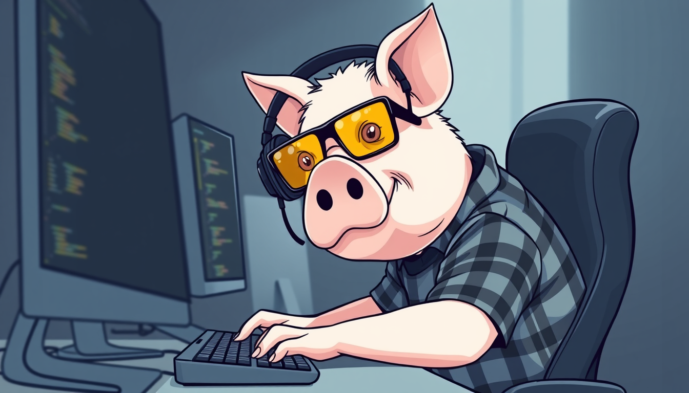 A tech-savvy pig coder, wearing yellow-tinted glasses and sleek noise-cancelling headphones, hunches over a cutting-edge multi-monitor setup. The anthropomorphic pig exudes focus, typing furiously, dressed in a plaid t-shirt.