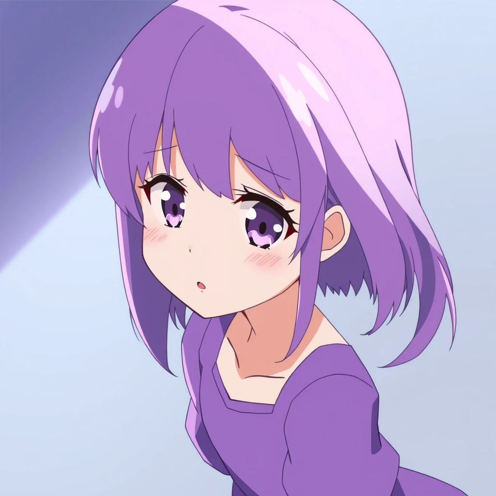 Girl with violet eyes and violet hair in a simple violet dress with confused emotions on her face, full length, anime. - Image