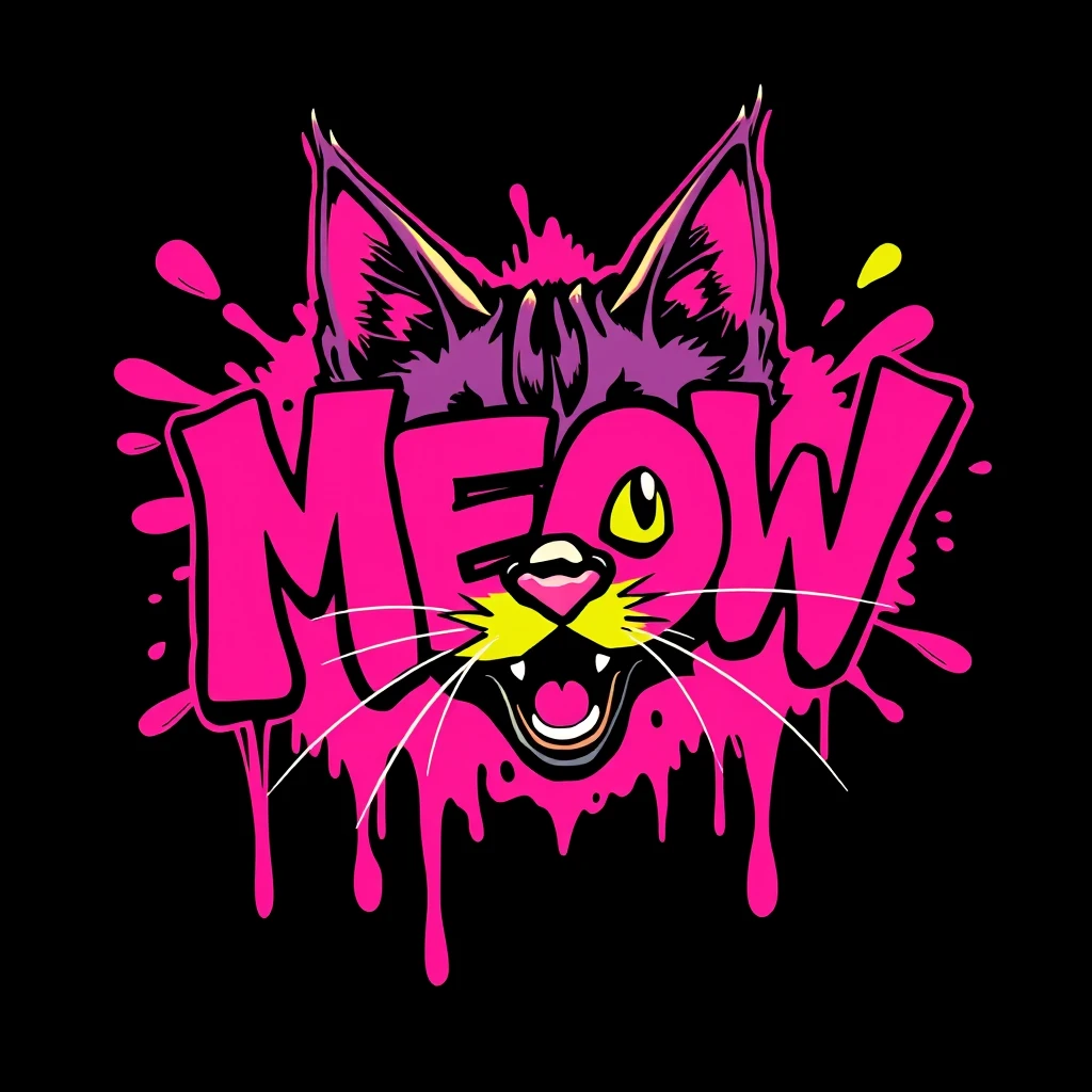 "MEOW", graffiti, solid color, Y2K STYLE art by Sullen Powell Peralta, center PNG, black background.