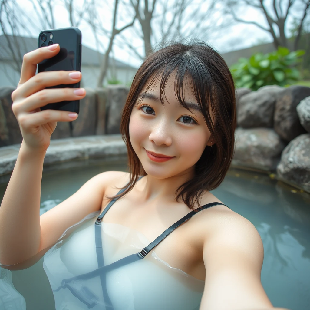 Cubybody Japanese high school girl taking a selfie in a hot spring