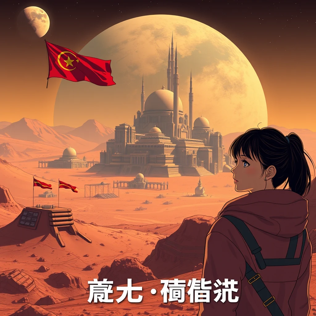 "Logged into Mars, there are huge buildings, there are flags, there is a young woman, there are Chinese characters or Japanese."