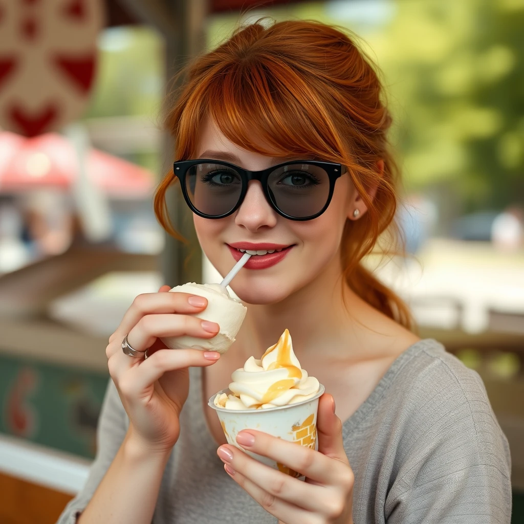 beautiful young redheaded woman eating ice cream. - Image