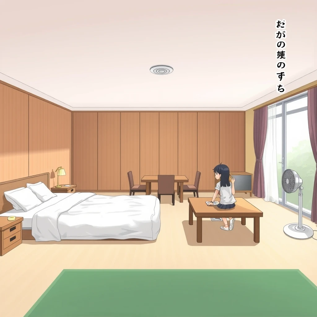 In the room, there is a bed, a table and chairs, the room is very large, and two girls are chatting, there is a fan. Additionally, there are Chinese characters or Japanese.