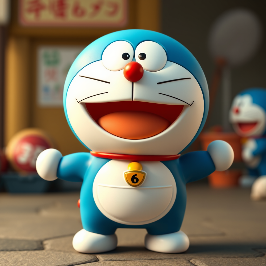 Pixar style, mouth open smiling Doraemon, standing, hyper-realistic camera style, lifelike details, high-resolution texture, vivid colors, sharp focus, natural lighting, photorealistic quality, cinematic depth of field, true-to-life portrayal, full body. - Image