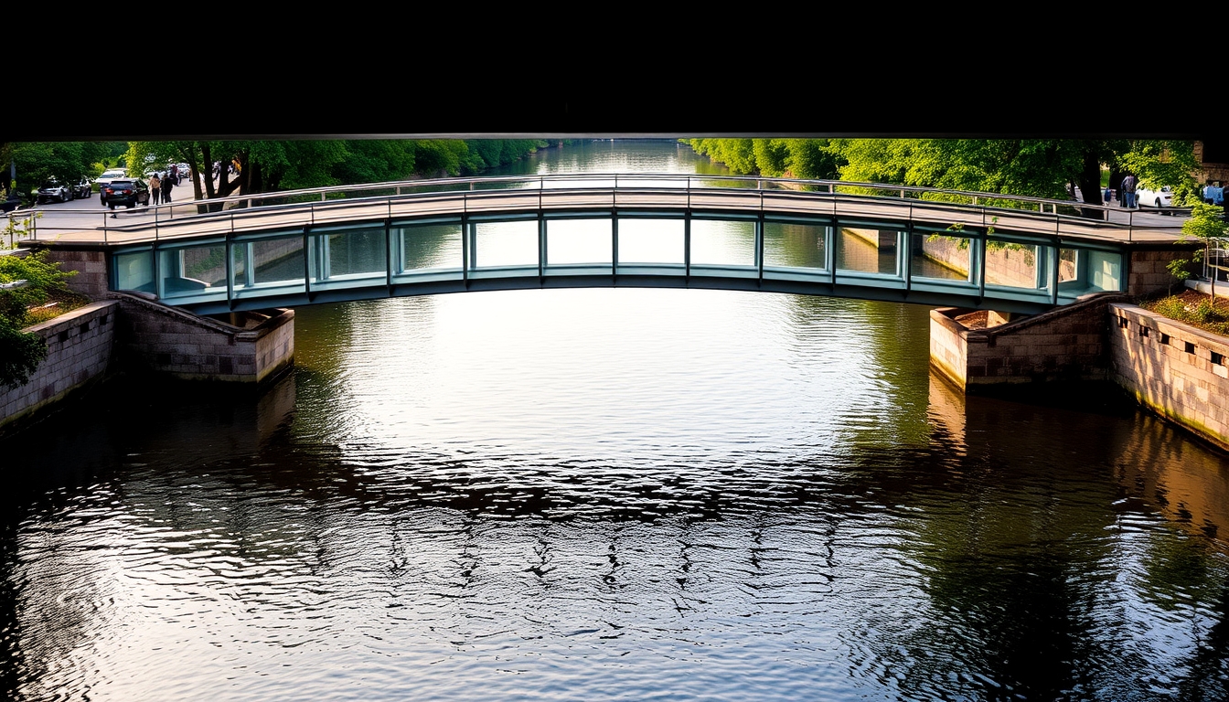 A serene river scene with a glass-bottomed bridge crossing over it.