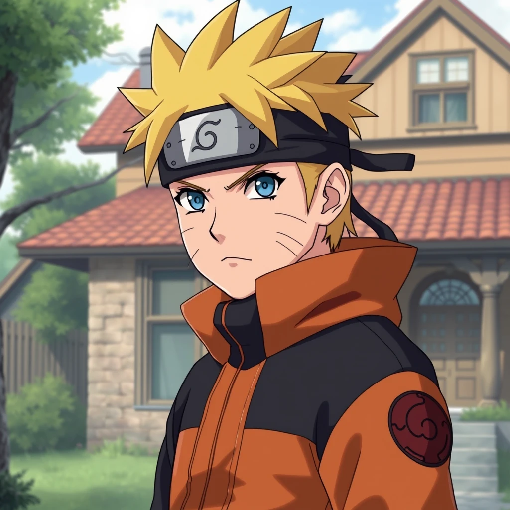 'Create an image of Naruto in a realistic human version, with a realistic background of the house where they live.'