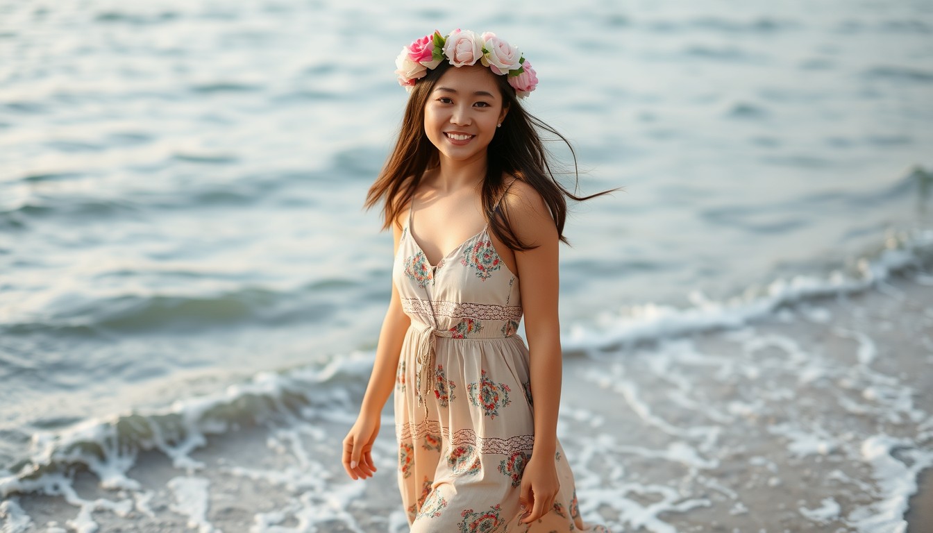 A playful and lovely Asian beauty, wearing a flower crown and a Bohemian-style long dress, is strolling by the sea, with waves gently lapping at her feet, her eyes full of curiosity. - Image