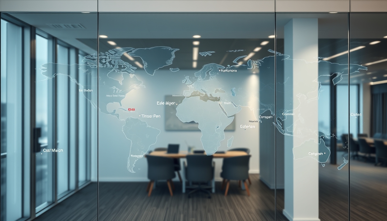 A detailed glass map of the world in a high-end office, highlighting various locations.