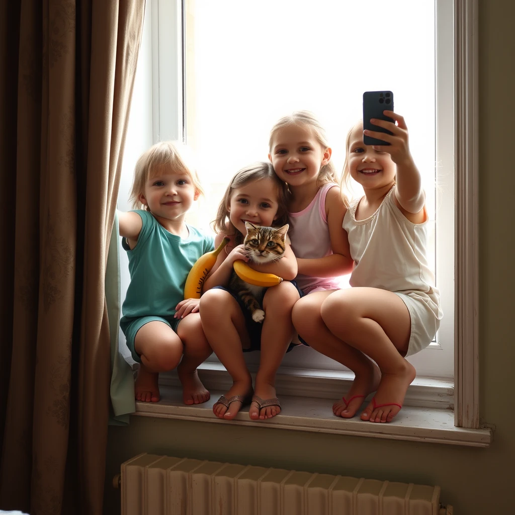 Three girls about six years old in shorts taking a selfie on a windowsill with a cat and a banana. Squatting. Russia. Hugging with their grandfather.