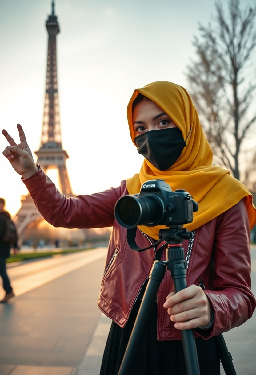 Biggest hijab yellow Muslim girl, beautiful eyes, black face mask, red leather jacket, biggest black skirt, DSLR camera CANON, tripod, taking photo of the Eiffel Tower, peace hand, sunrise, morning scenery, Eiffel Tower, hyper-realistic, street photography.