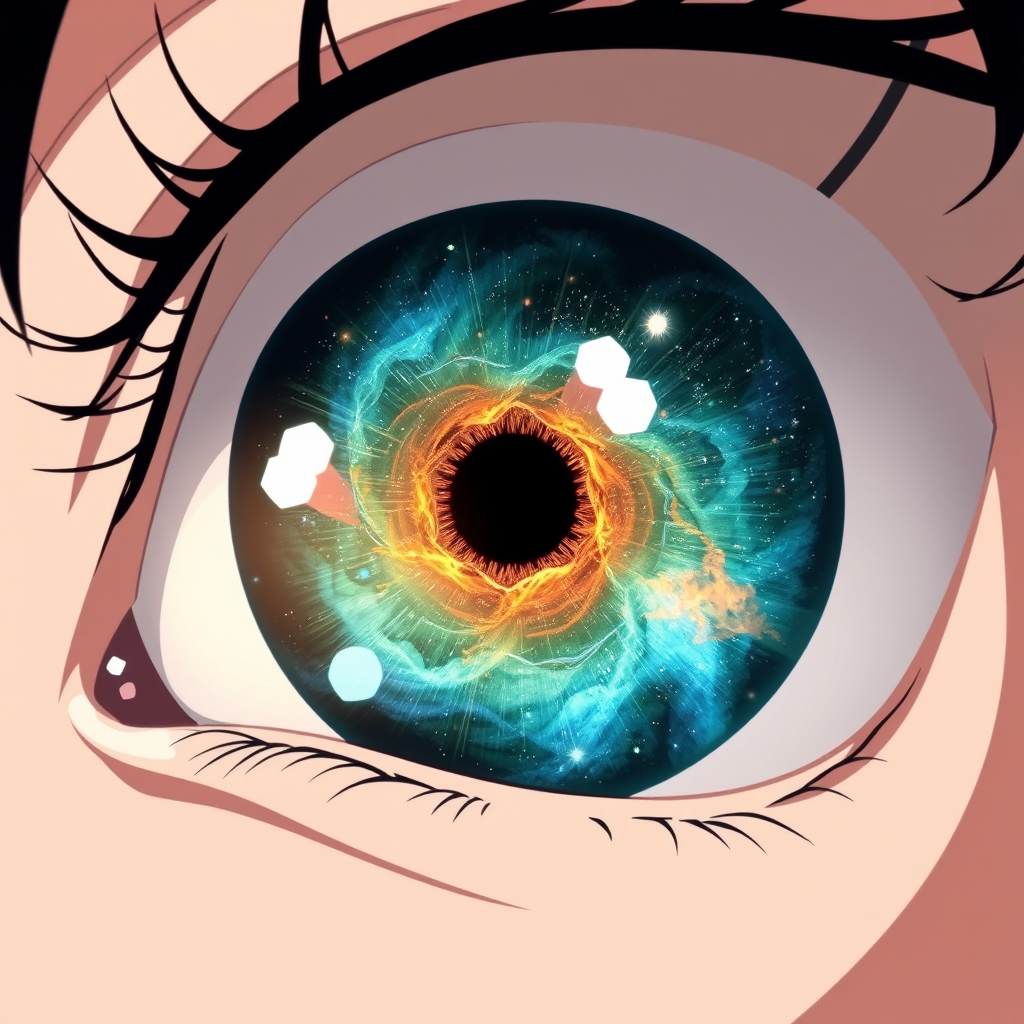 Anime sci-fi close-up of an eye with the universe in it, detailed, Toriyama, Miyazaki