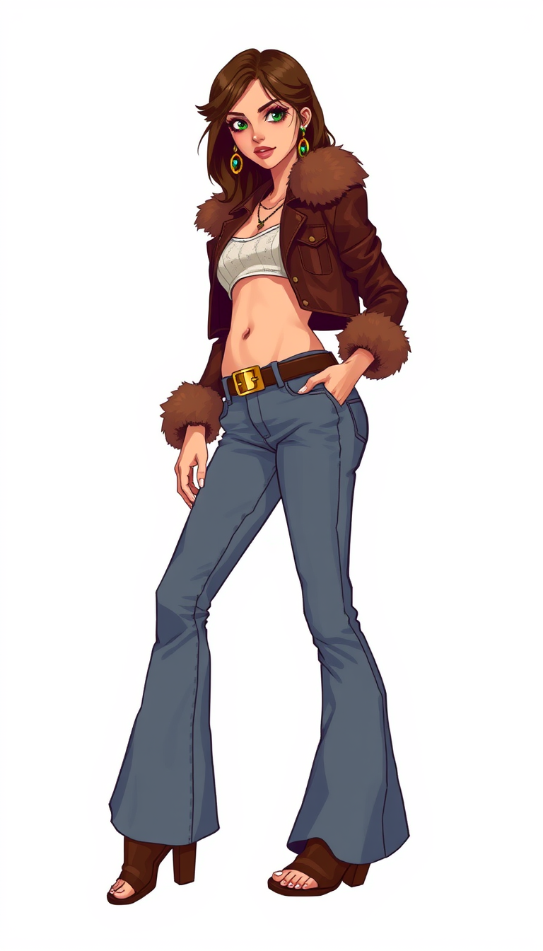 Exaggerated Pixel Art, white background, young hippie woman, standing sideways, slim body, green eyes, dressed in bell-bottom jeans, belt, golden buckle, navel, crop fitted leather jacket, fur collar and cuffs, open toe boots, toes, earrings. - Image