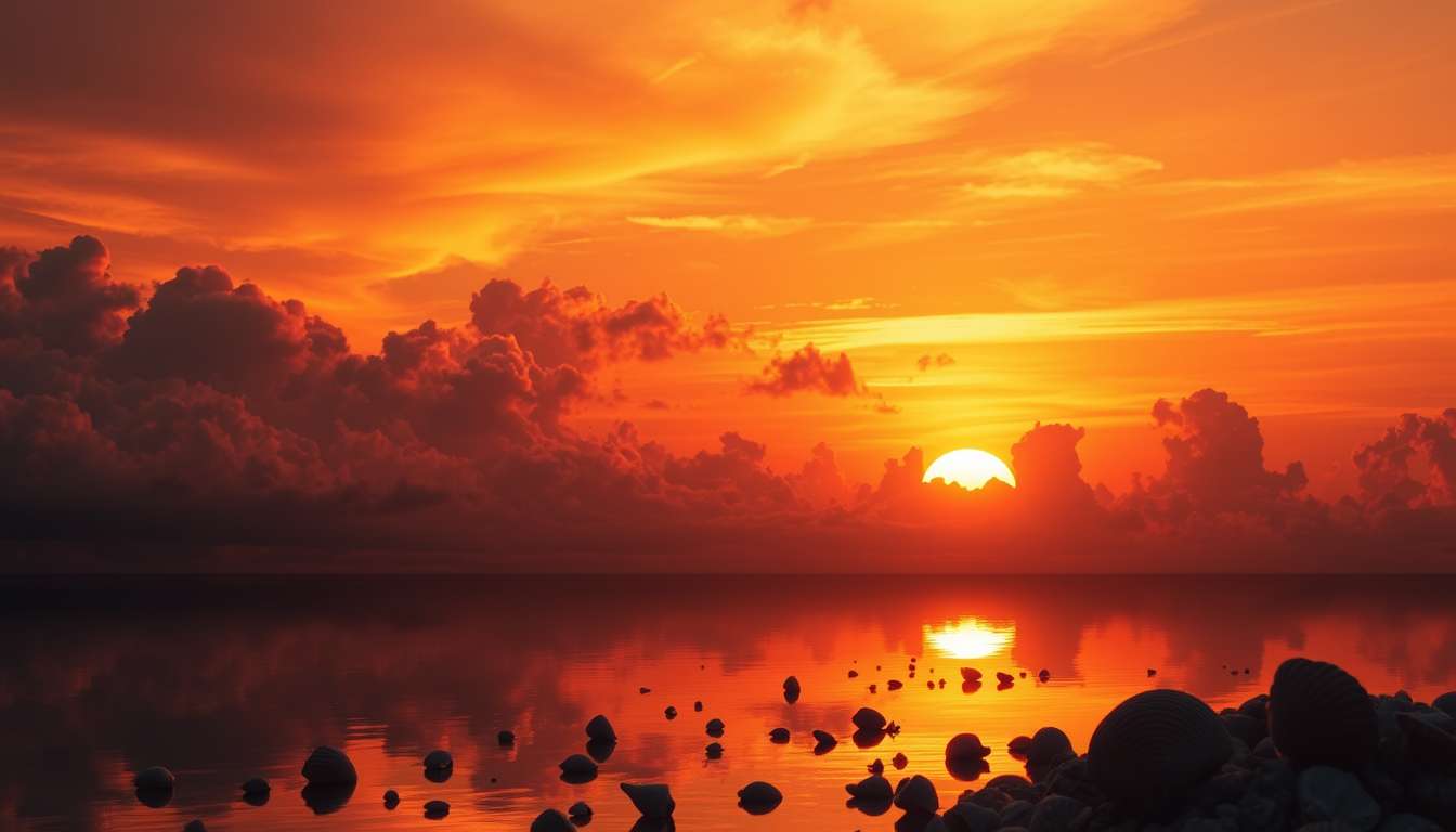 fiery sunset, clouds, high quality, photorealistic, evening sky, reflection, serene, seashells - Image