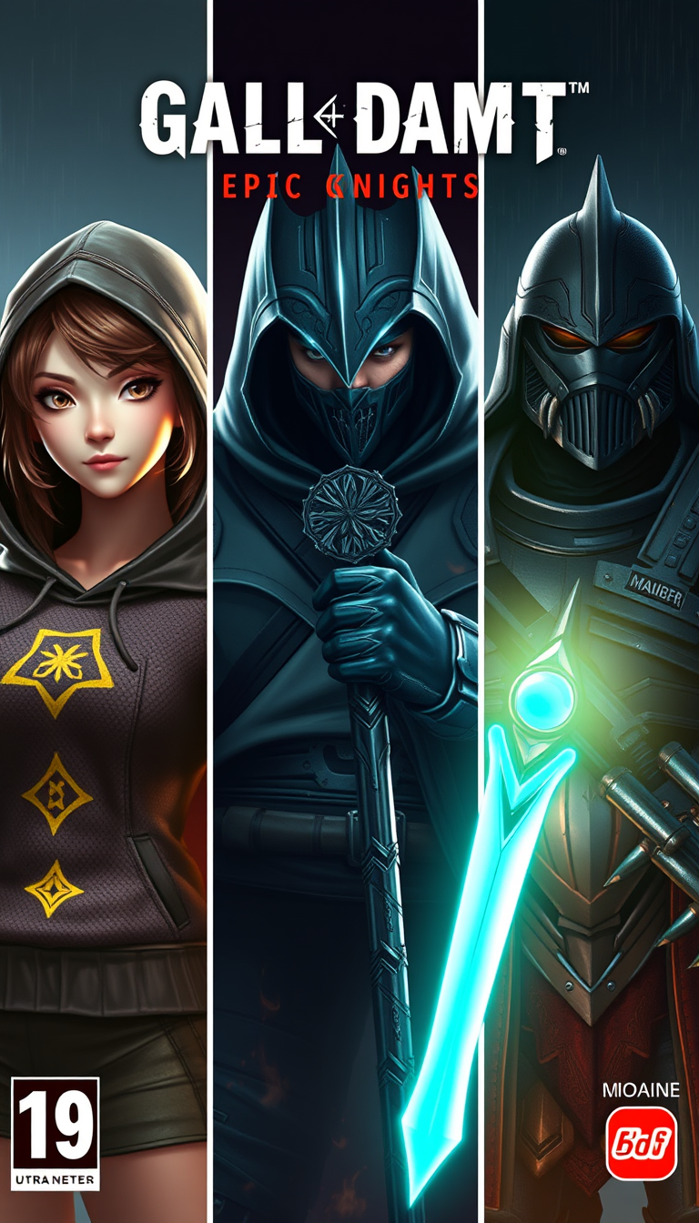 3 different video game characters in fantasy and medieval styles, a female character wearing a hoodie with enchanted symbols, a male character with a helmet holding a magical staff, a space marine character in armor in the style of a knight, game cover, epic theme, ultra detailed.