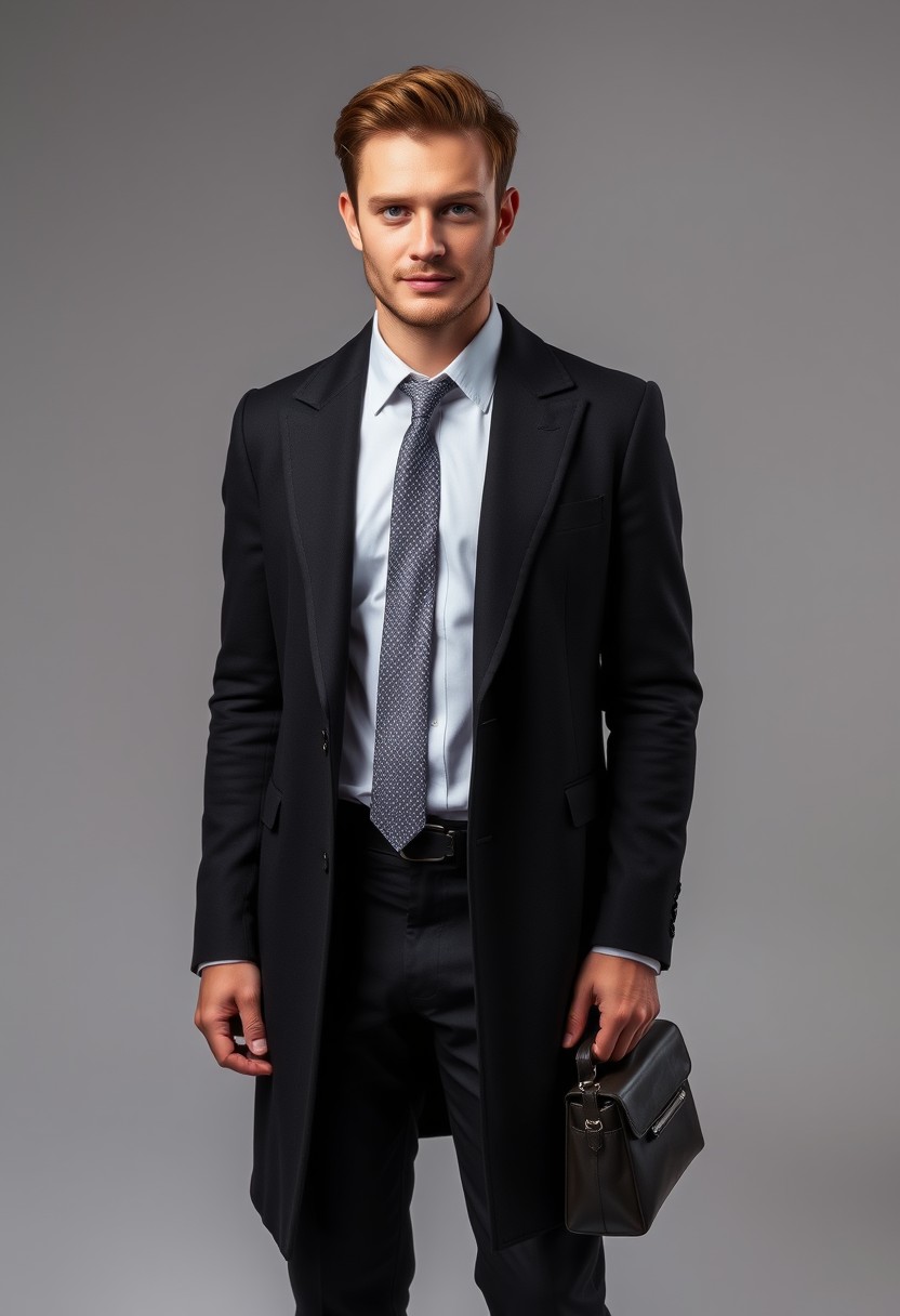 Jamie Dornan's head and body shot, handsome, young, shy smile, white shirt half buttoned, grey patterned tie, black coat suit, leather shoes, leather bag, hyper-realistic, studio photography, full body photography.