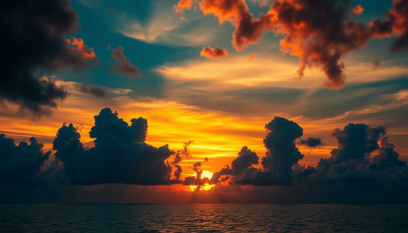 Dramatic, fiery sunset, clouds, silhouettes, high quality, photorealistic, evening sky, reflection, serene, seashells.