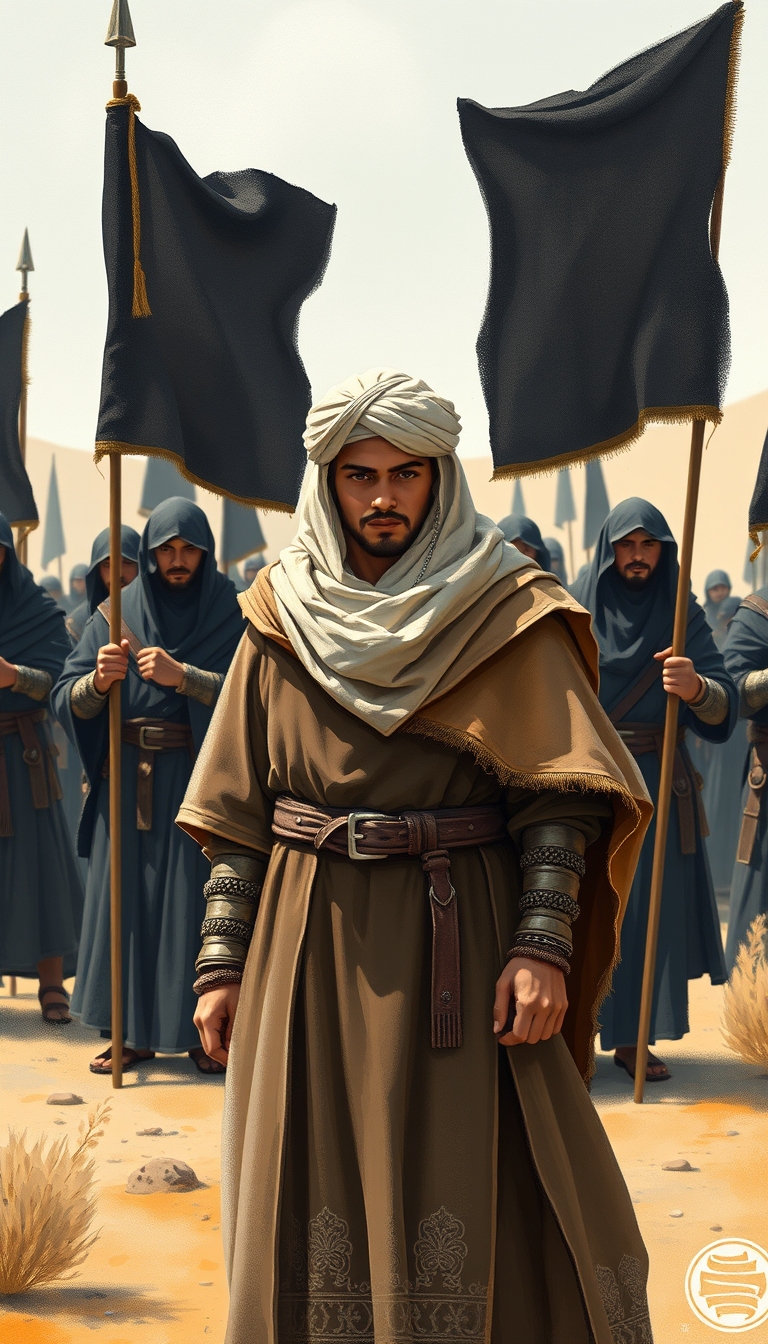 A young Muslim commander wearing modest biblical cloak and turban stands behind great Muslim warriors with a leader's expression. The medieval Muslim warriors are wearing veils, holding black banners, and guarding him in open land, showcasing smooth crayon textures and a soft brushed aesthetic blending.