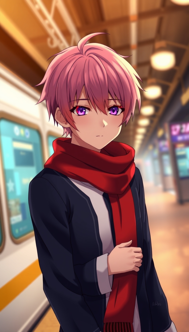 Itadori from Jujutsu Kaisen character, wearing a dark blue long sleeve dress with a red scarf around his neck, pink hair, golden hour, Tokyo train station background, bokeh, realistic image.