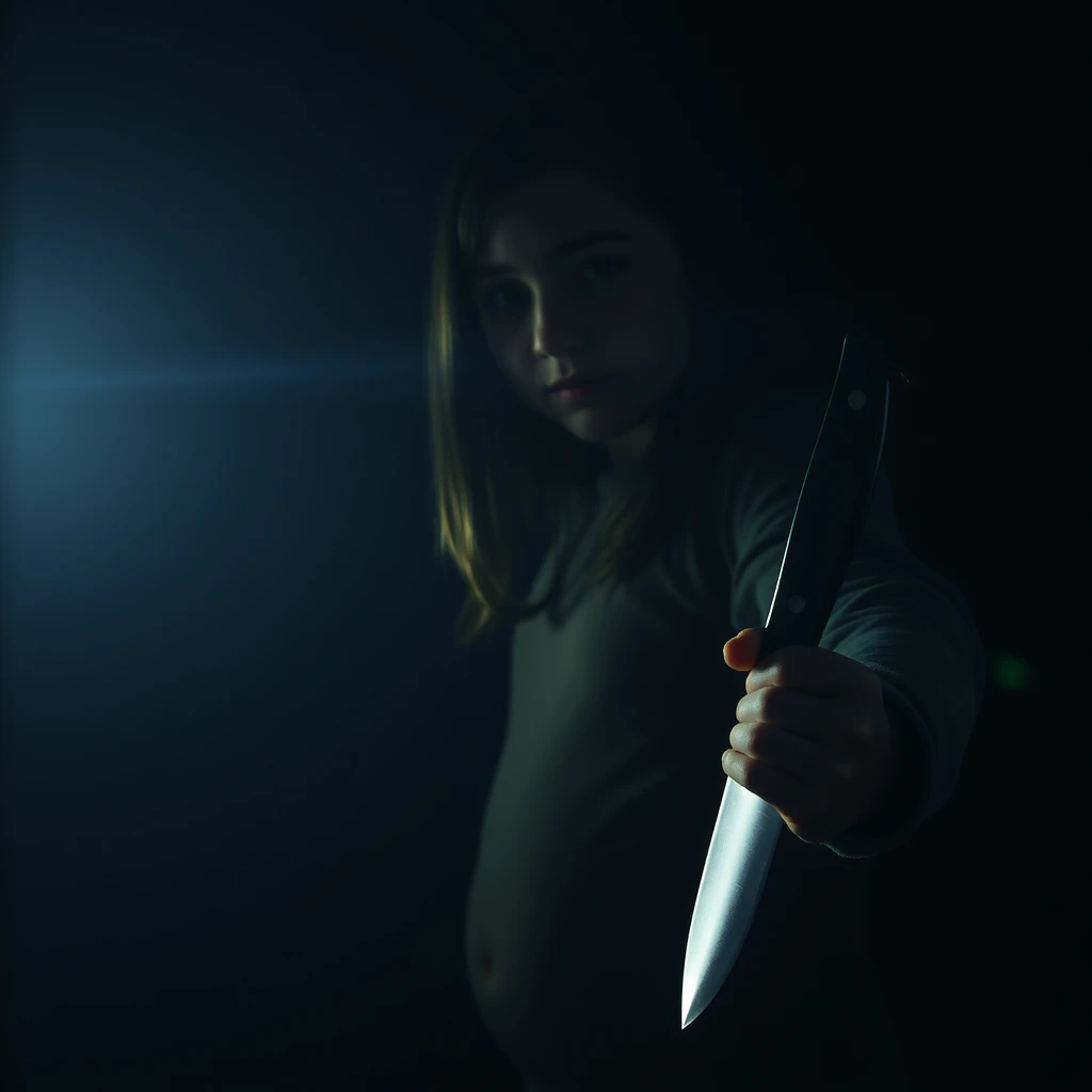 The girl is holding a knife, the photograph does not show her body due to the darkness. - Image