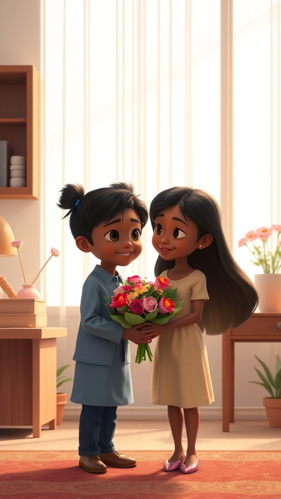 Years later, someone came to propose to me, a black-skinned girl, bringing flowers with his mother... office 8k, 3D Pixar-style. - Image