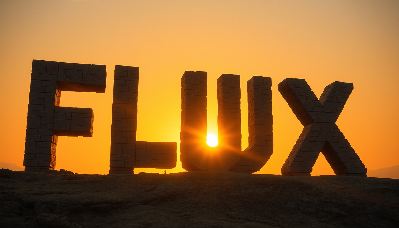 A photorealistic image of a giant stone structure spelling "FLUX" on a hilltop at sunset. The structure should be made of stacked blocks with an ancient, weathered appearance. The sun should be setting behind the structure, casting long shadows and creating a dramatic effect. Include small figures at the base of the structure to show scale. The overall style should be reminiscent of fantasy or science fiction.