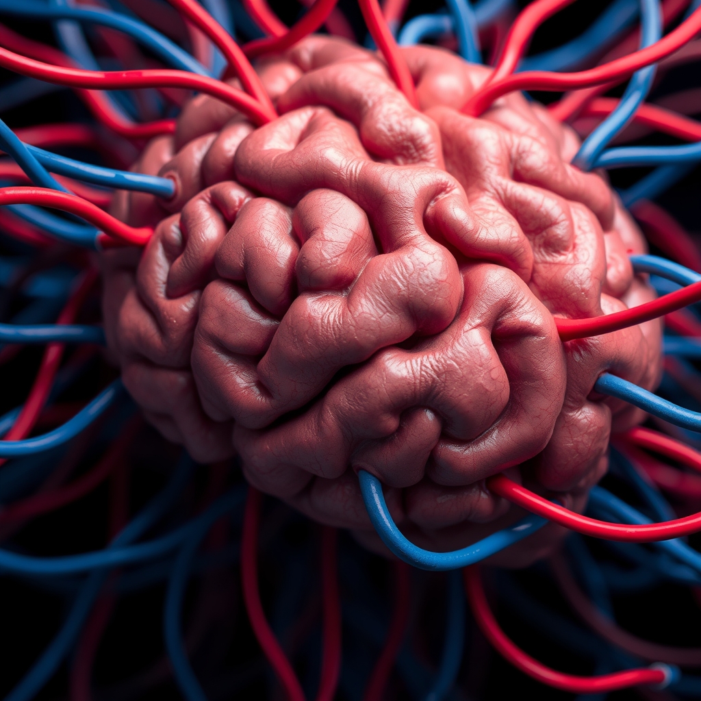 A close-up of a brain with many blue and red wires.