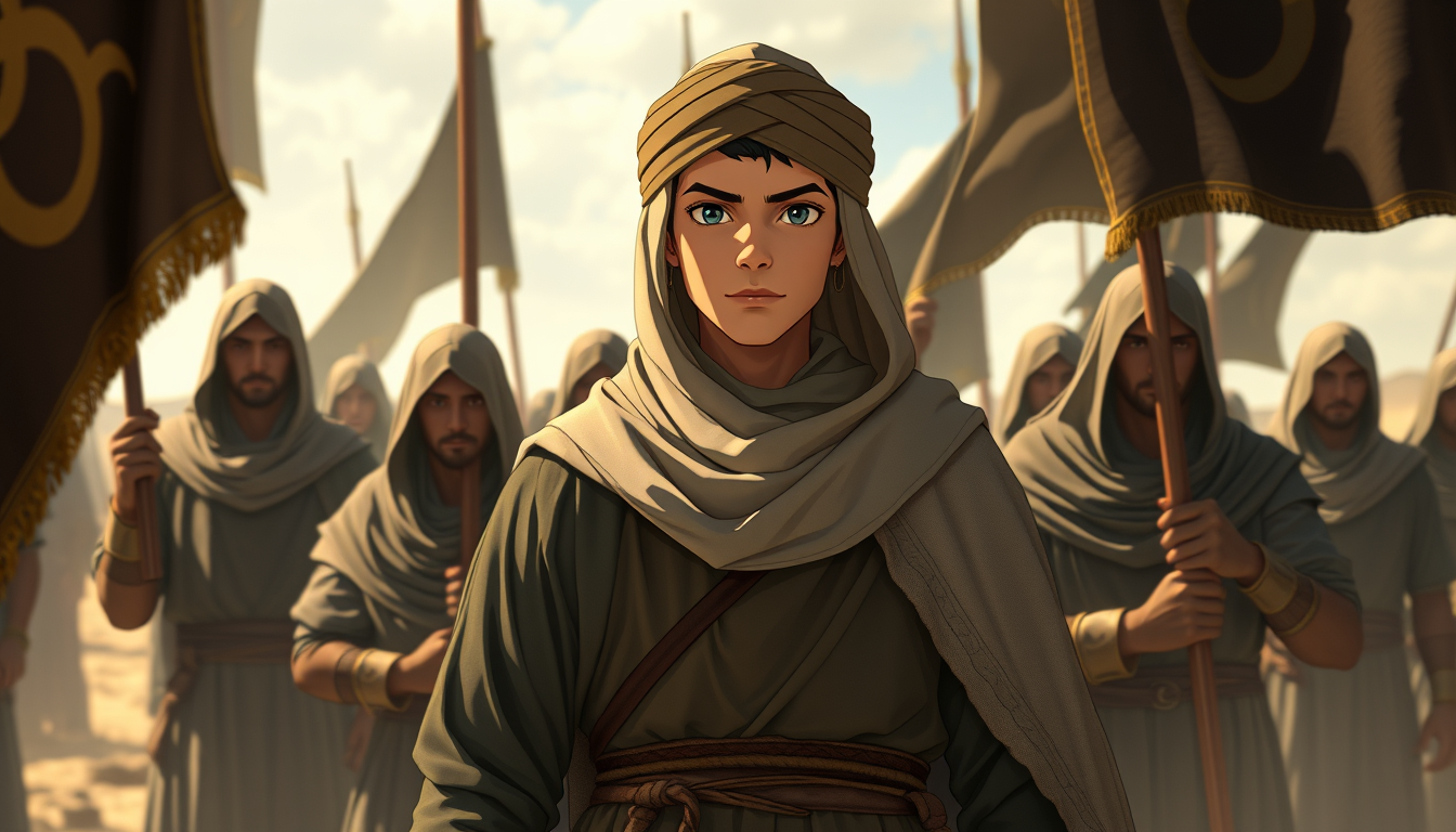 Anime illustration of a young Muslim commander wearing modest biblical cloak-turban clothes, standing behind great Muslim warriors with a leadership expression. The medieval Muslim warriors are wearing veils, holding black banners, and guarding him in an open land. The theme is "the conquest of Jerusalem has come," powerful, with movie graphics, ambient occlusion, raw textures, skin retouched, dodge and burn effect, highlighting shader. - Image