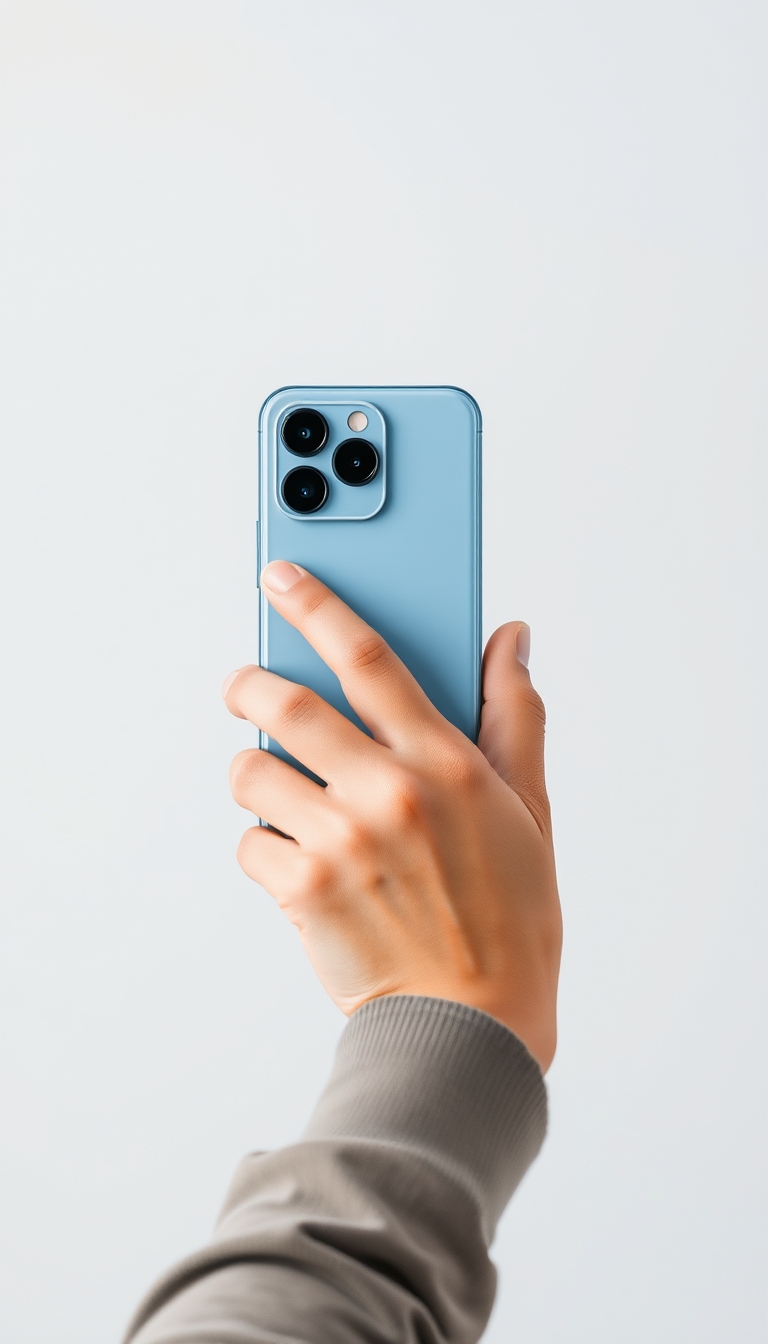 A marketing image showing a person holding a light blue smartphone with a rectangular attachment on the back. The phone has three camera lenses in the upper corner. The background is minimalist and light gray, creating a clean and modern aesthetic. The person's hands, slightly tan, hold the phone in a landscape orientation, as if taking a photo or video.