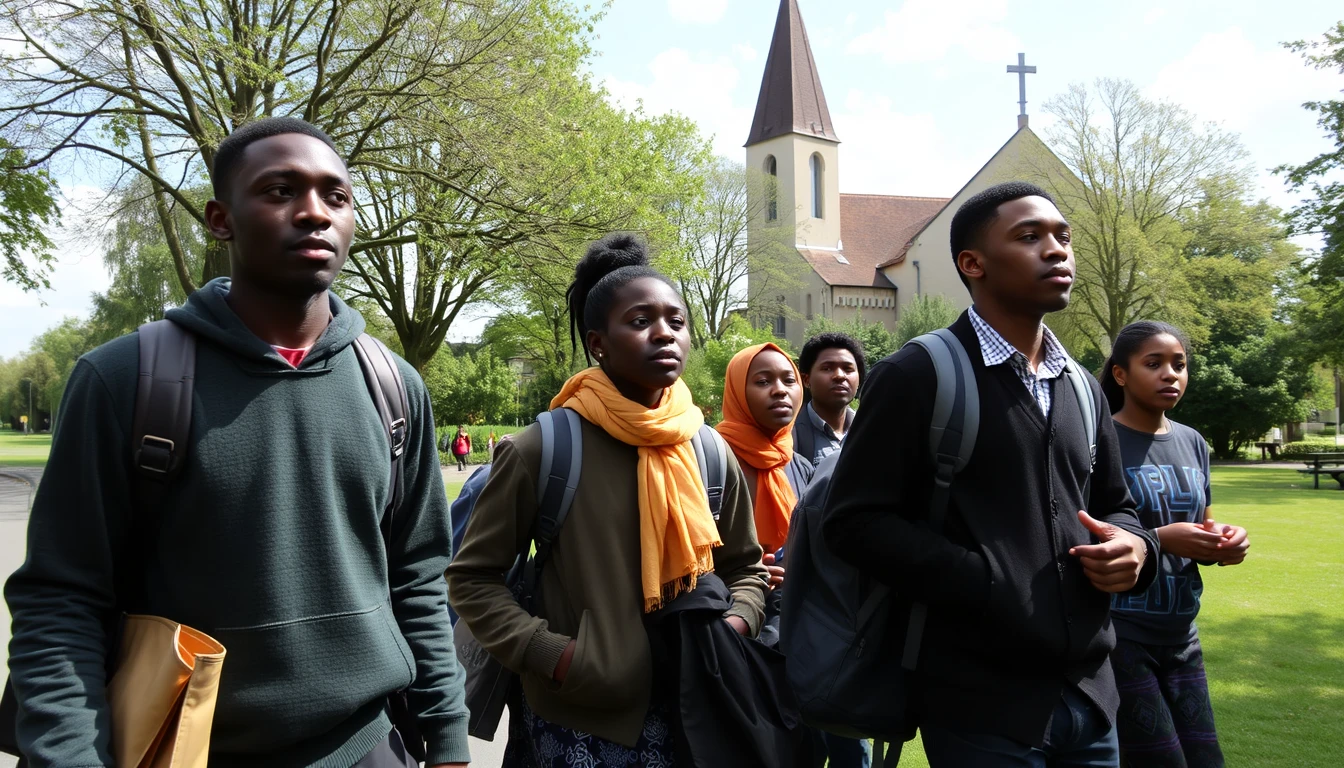 Amateur photo of a group of Rwandan youth going to church, a park in Germany.