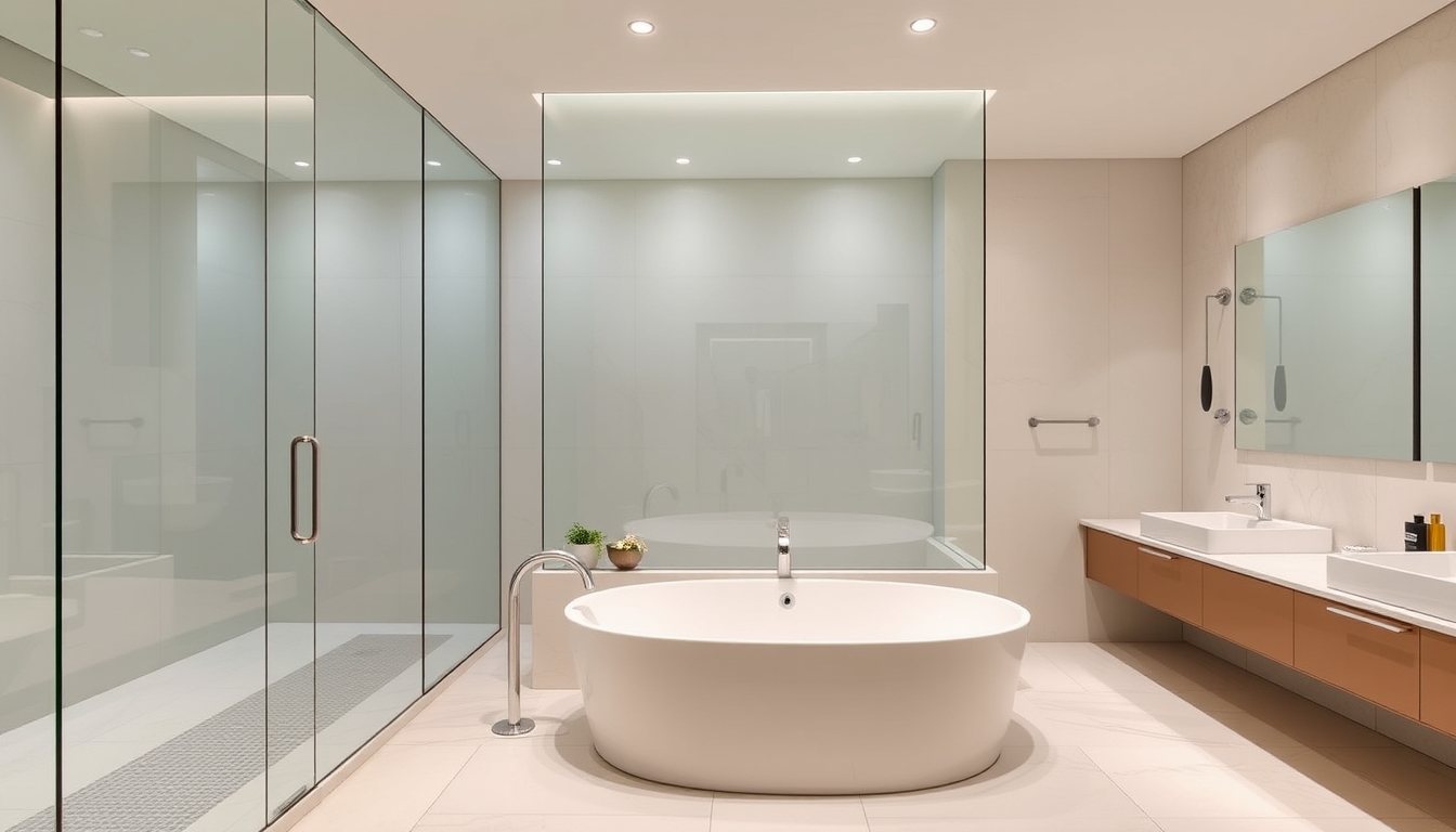 A sleek modern bathroom with glass walls and a luxurious soaking tub.