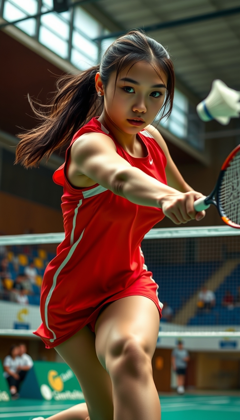 A detailed, realistic portrait of a young woman playing badminton in an indoor sports arena. The woman is wearing a bright red jersey and is mid-swing, her body in a dynamic, athletic pose as she focuses intently on the shuttlecock. The background is blurred, with glimpses of the court, net, and spectator stands visible. The lighting is natural and directional, creating shadows and highlights that accentuate the woman's features and muscular definition. The overall composition conveys a sense of energy, movement, and the intensity of the game. The image is highly detailed, with a photorealistic quality that captures the textures of the woman's clothing, skin, and the badminton equipment. - Image