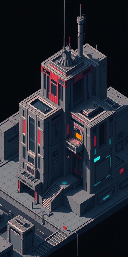 Sci-fi, modular, stylized building design in simplified structures, isometric, perceptive moody colors inspired by pixel art and cyberpunk aesthetics.