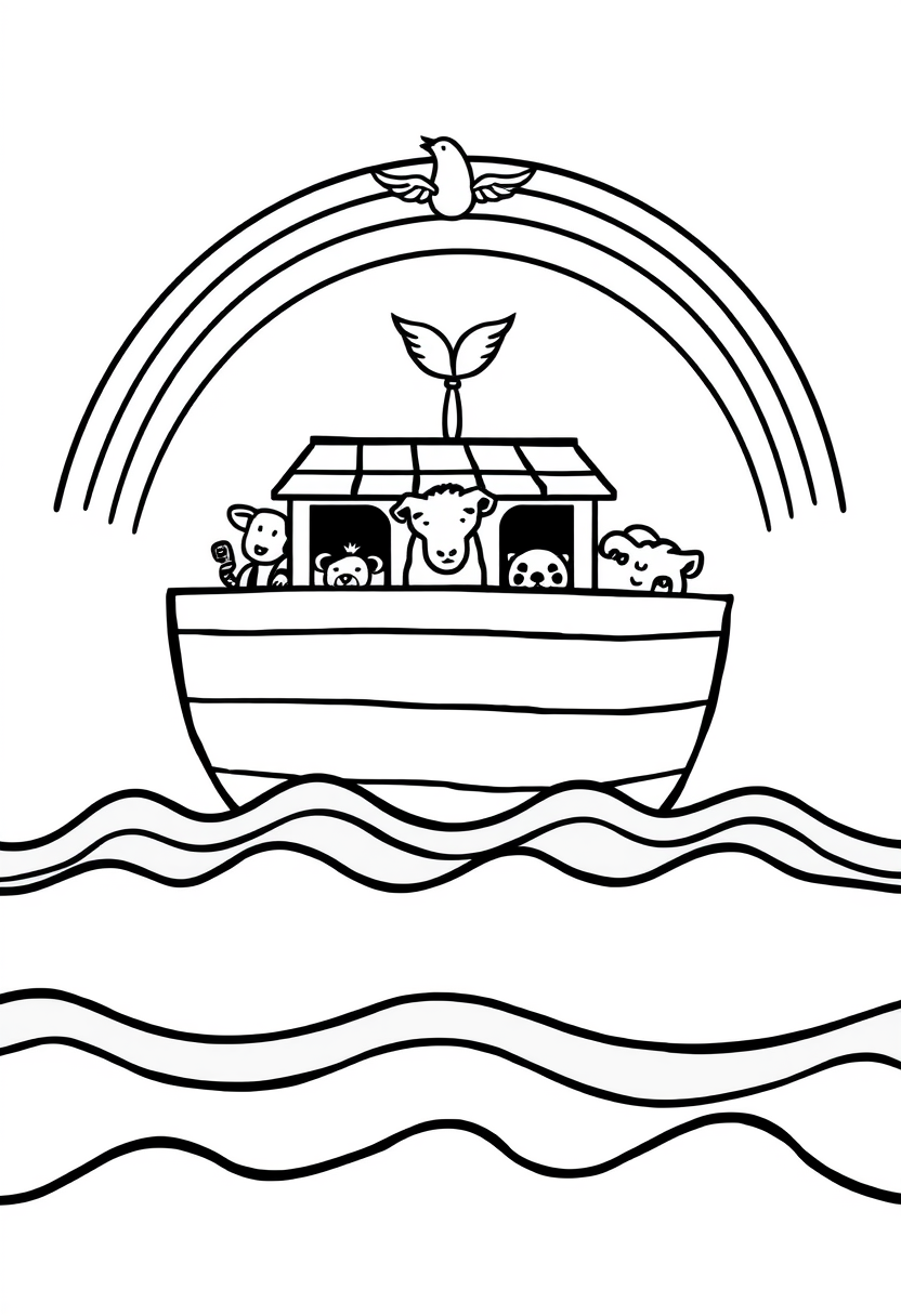 coloring book page. Minimalist sketch for a Bible coloring book: Noah's Ark floating on waves. The ark should have a simple boat shape with a roof. Include pairs of animal heads peeking out. Above, draw a rainbow arc and a dove with an olive branch. line art vector style, White background, black and white drawing, sharp black lines.