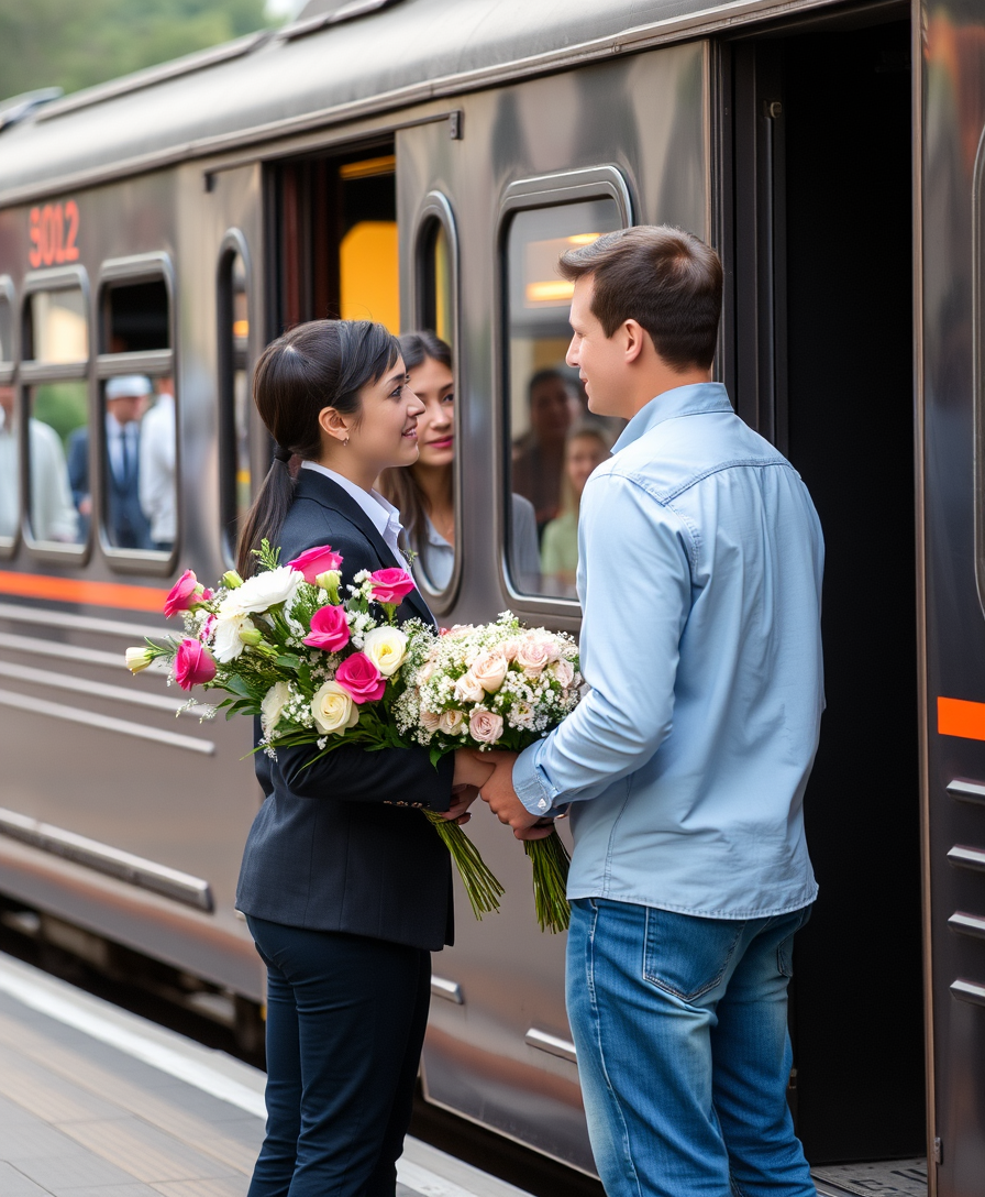 A romantic scene on the platform near the train, a guy with a bouquet of flowers stands at the carriage from which a beautiful young girl gets out and looks at him with tenderness. - Image