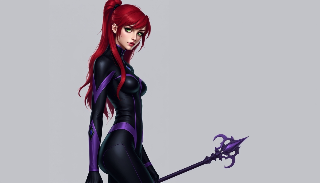 A woman with red hair and green eyes wearing a very black and purple spandex suit is standing straight and holding a staff.