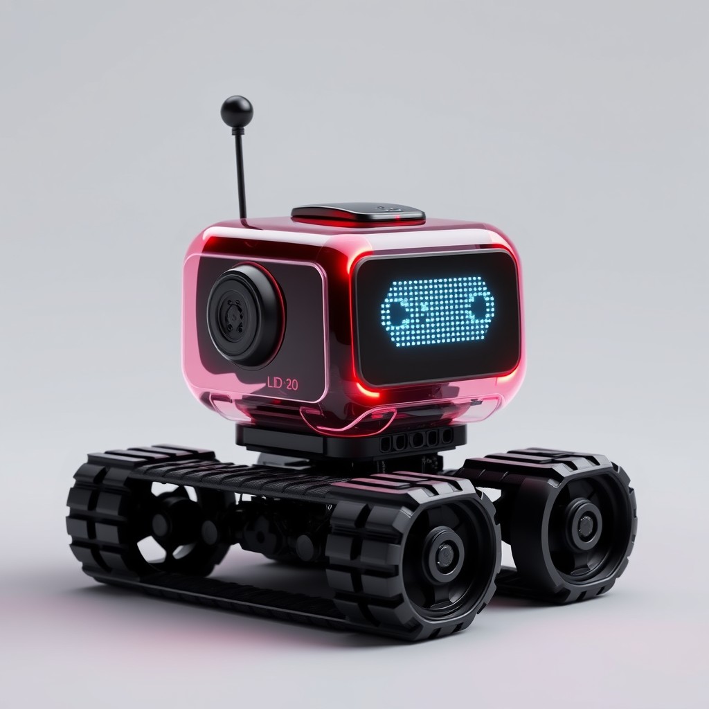 Cute aesthetic, a small and cute semi-transparent triangular tracked robot with an LED screen face, emoticon, stunning Unreal Engine render, intricate details, simple background. - Image