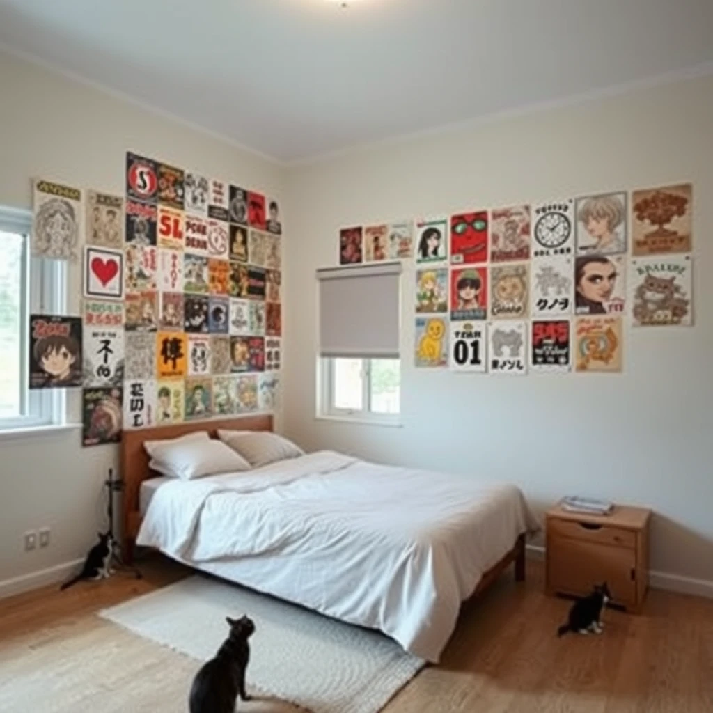 In a very large room, there is a bed, and one wall of the room is covered with many posters of Japanese manga, while the other walls are bare. There are two cats in the room, which has a window.