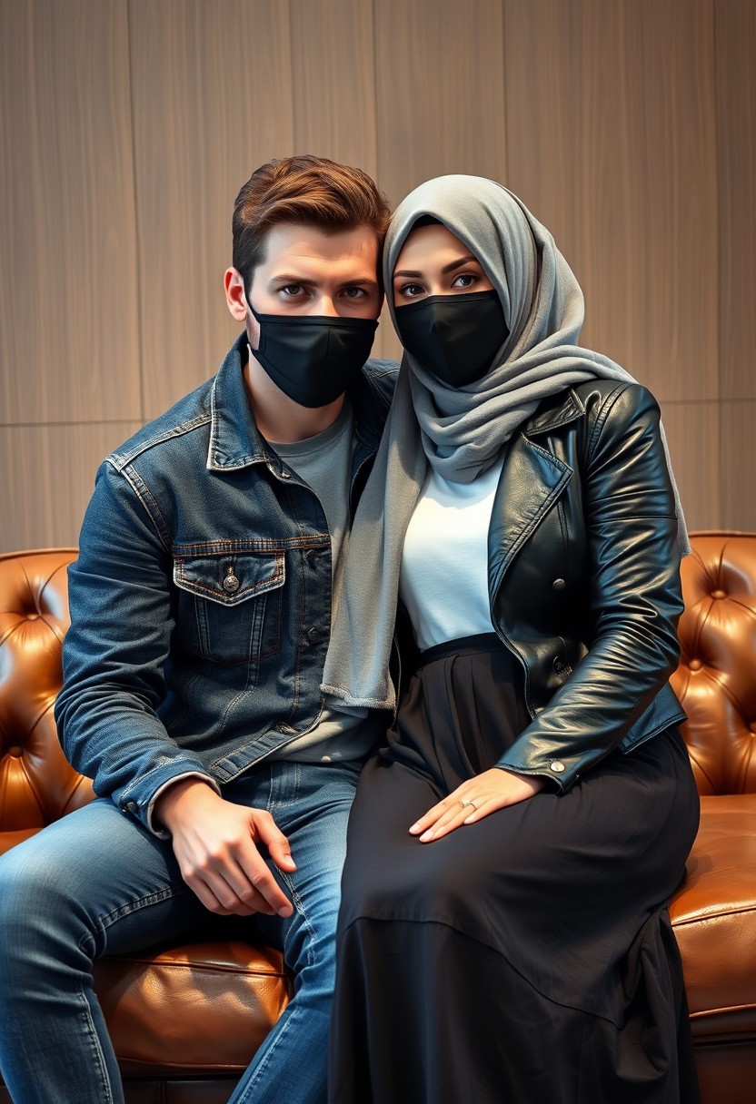 Jamie Dornan's head and body shot, handsome, black face mask, denim jacket, jeans, dating, love couple, with the biggest gray hijab Muslim girl, beautiful eyes, black face mask, black leather jacket, biggest skirt, hyper-realistic, studio photography, sitting on a classic leather sofa, wooden wall, selfie.