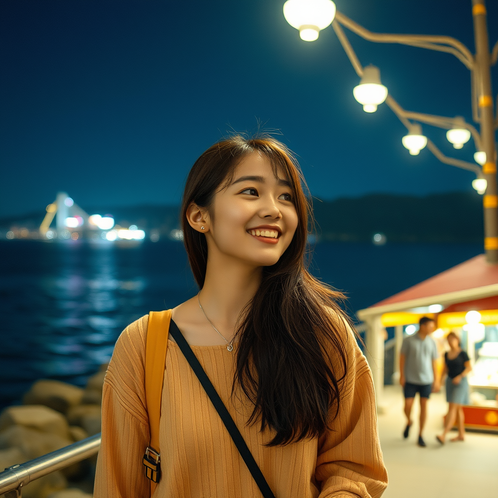 🌌 **Island at Night**: "Korea young Woman experiencing nightlife, sea stroll, night market, unique charm of Cheung Chau Island at night, photorealistic style"