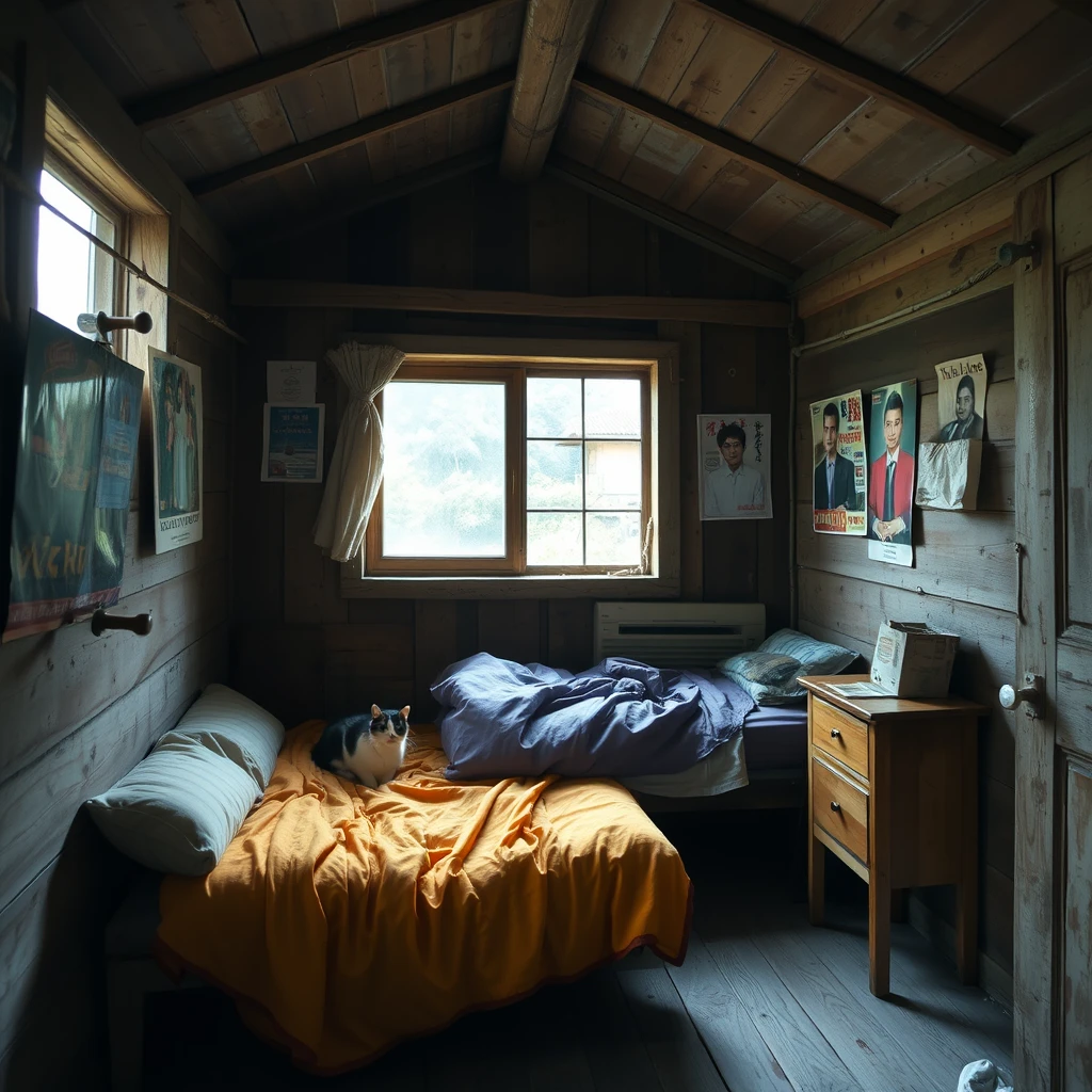 In a dilapidated wooden cabin, there is a bed, and one wall of the room has some posters of Hong Kong stars, while there is a cat in the room. Note that the cabin has a window.