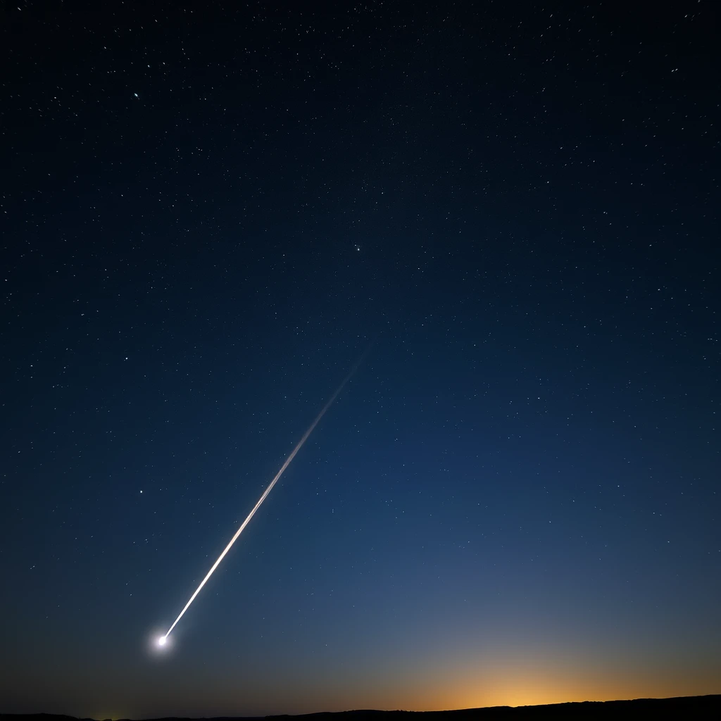 Stars and endless night sky shining down. A meteor going left to right across the horizon.