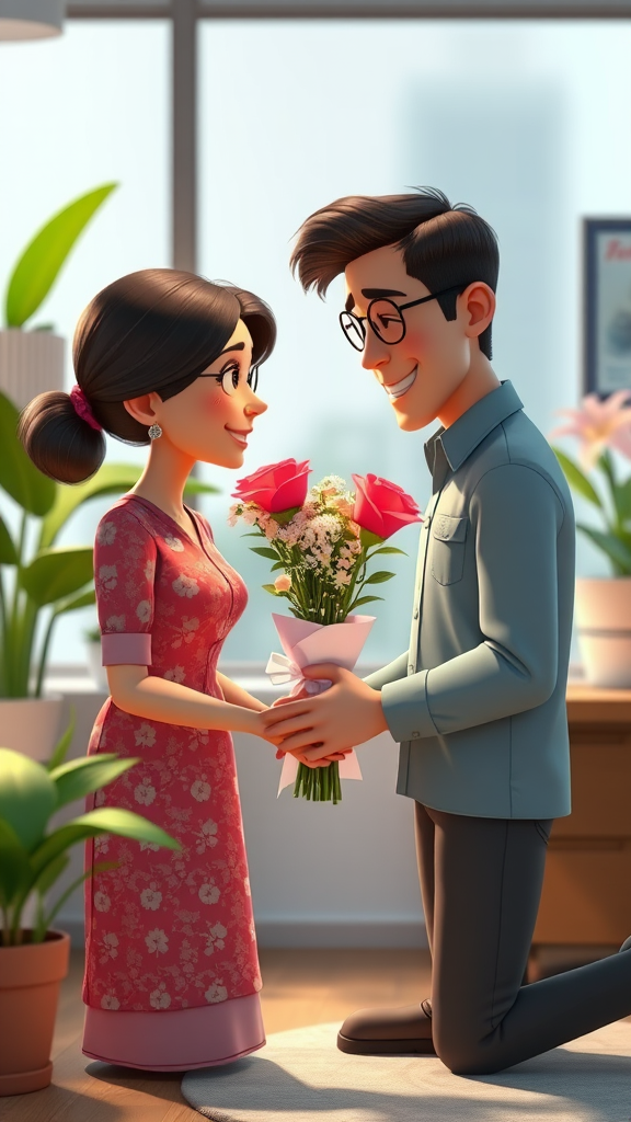 Years later, someone came to propose to me, bringing flowers with his mother.. office 8k,3d Pixar style. - Image