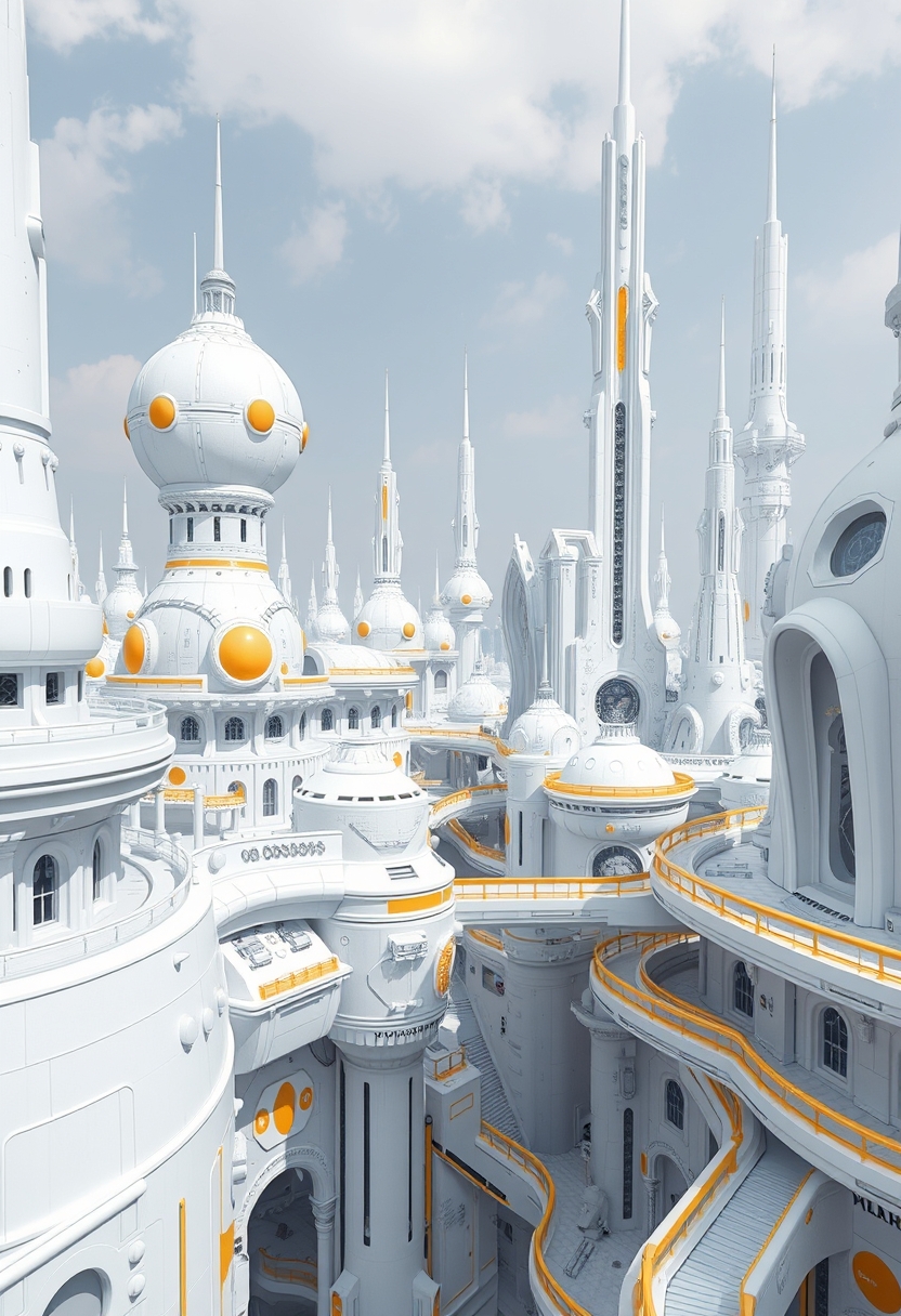 Futuristic cityscape with white and yellow structures, intricate details and walkways. - Image