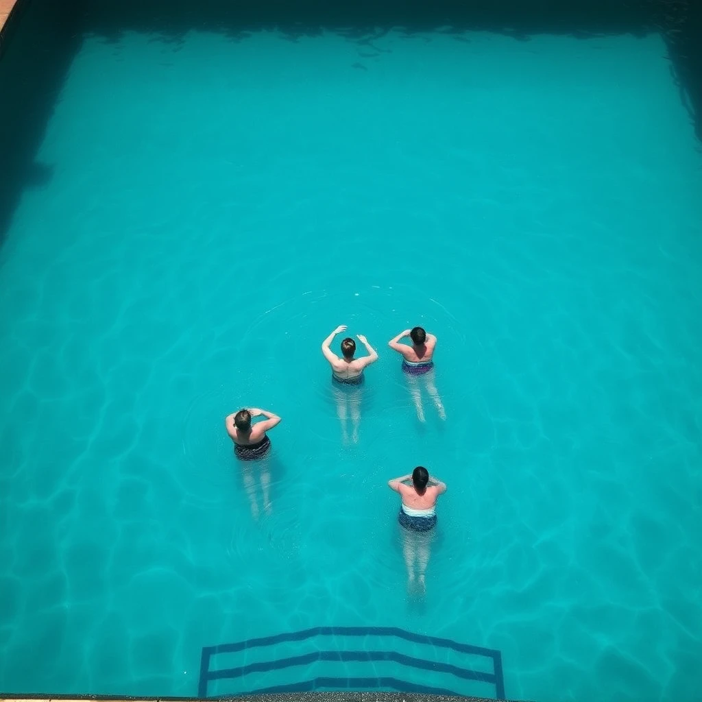 A strange swimming pool, with three people swimming in the pool, in the distance, viewed from above.