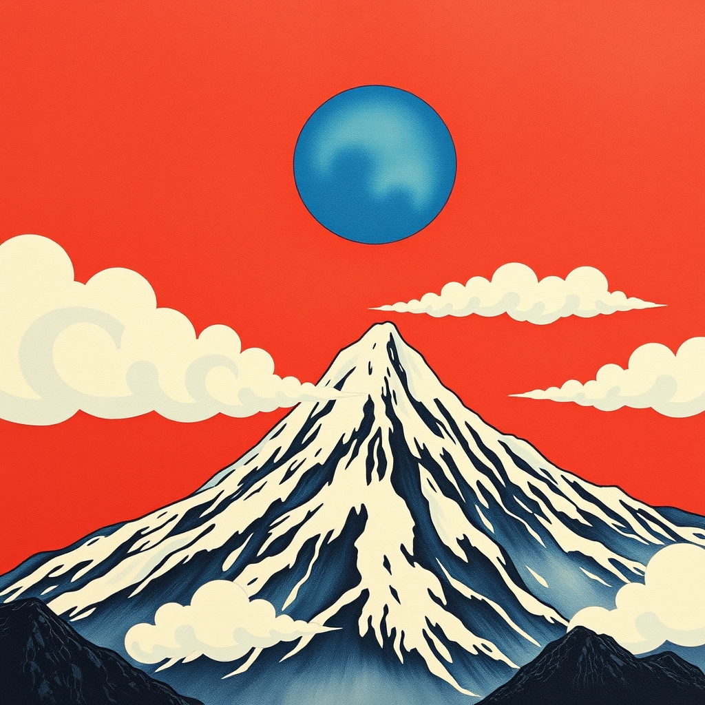 Japanese style painting, red sky, blue sun, tall mountain, beautiful cloud, detailed.