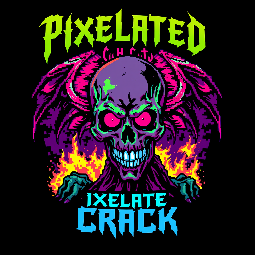 T-shirt design with a blocky colorful 8-bit style of a death metal band blended with chiptune. The visual should be unique and striking but macabre, blended with beauty, and the band name is "Pixelated Crack". - Image